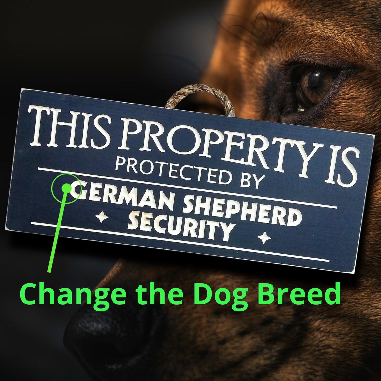 This property is protected by German shepherd, wood dog sign, personalize with your own dog breed