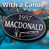 Personalized wood home sign with mountains,cottage or camp.Custom oval outdoor carved wooden name plaque