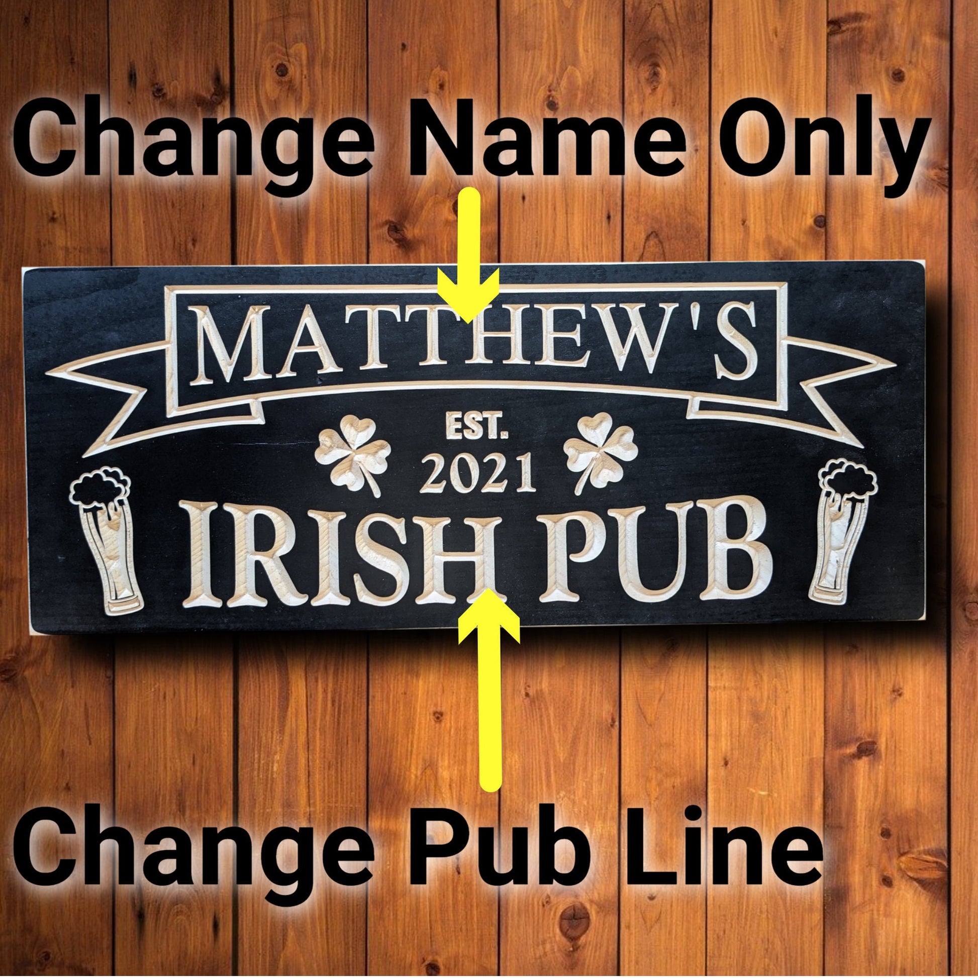 Irish pub Sign, personalized bar wall décor with clover, father's day gift, custom wooden sign