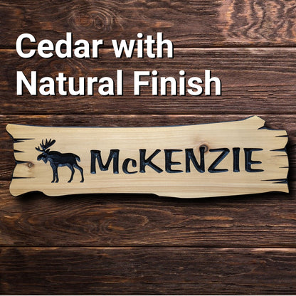 Cedar Exterior Sign, outdoor personalized wood house sign with carved moose, wooden custom cottage sign