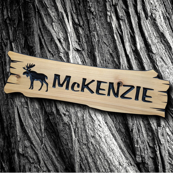 Cedar Exterior Sign, outdoor personalized wood house sign with carved moose, wooden custom cottage sign