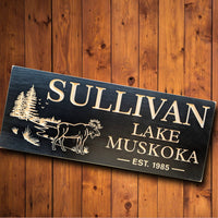 Outdoor Cottage Sign, Mother's day gift, wood custom sign carved trees, lake and moose