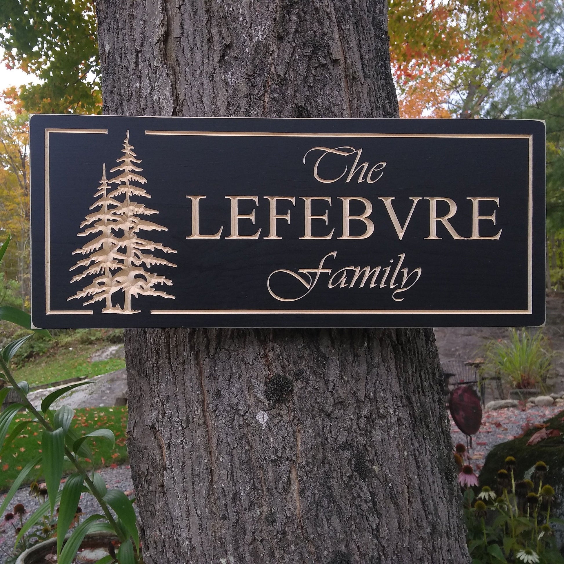 Personalized Family Sign, wood outdoor custom sign, carved cottage sign with pine trees