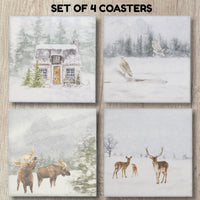 Ceramic Coasters with cork backing,Set of 4,winter nature scene,gift for mom