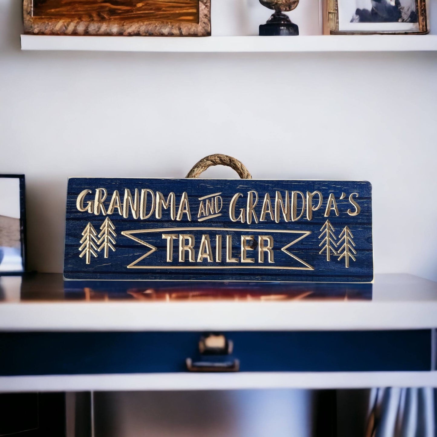 Blue Campground sign, Grandma and Grandpa's Trailer, gift for grandparents, Christmas gift, personalized carved wood sign,custom camper sign