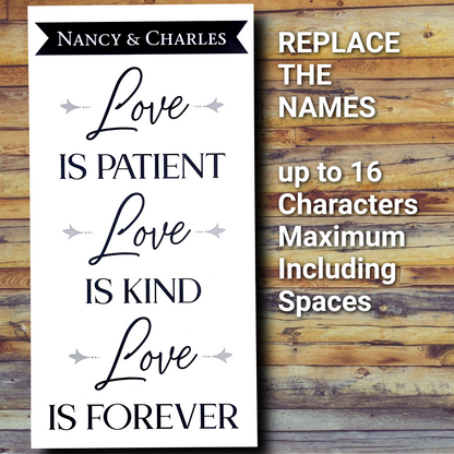 Love is patient, love is kind, love is forever with personalized names